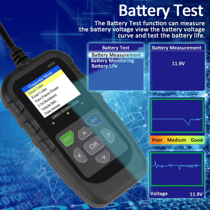 V119 OBD2 Scanner Code Reader  - огляд і ціна Power Supply Tester